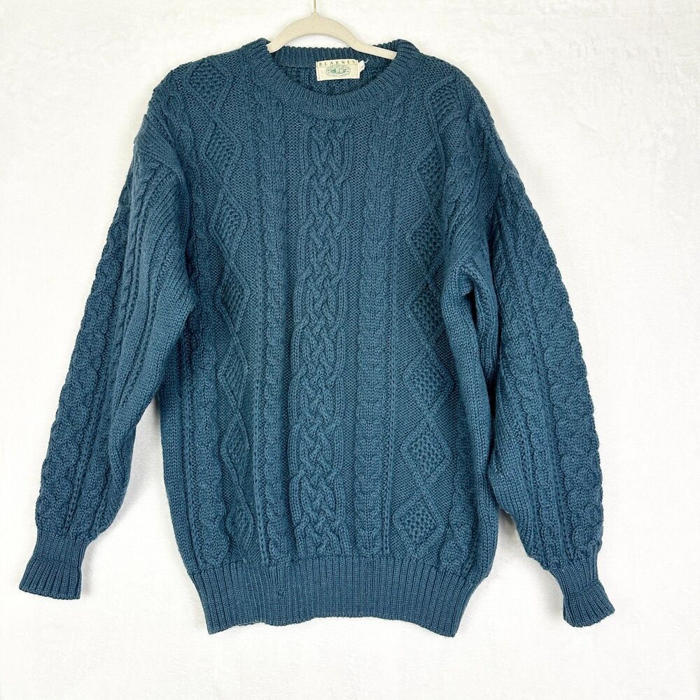 Blarney Woollen Mills Men's Fisherman Cable Knit Wool Sweater Size Large Blue